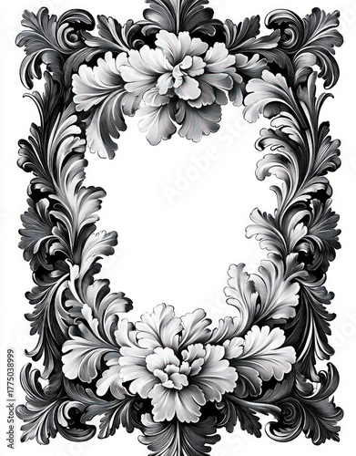 ornate black and white floral decorative frame with intricate swirling leaf and flower patterns surrounding a blank center