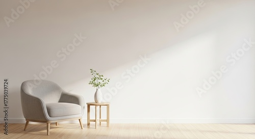 A minimalist living room with a white wall, wooden floor, and a single armchair.