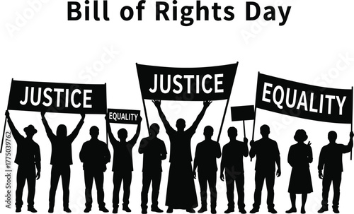 Bill of rights day with people holding justice and equality signs