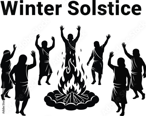 People celebrating winter solstice around a bonfire longest night of year