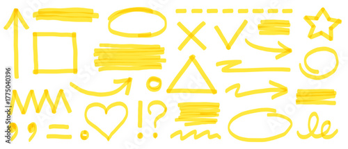 Highlight marker yellow set. Yellow underline mark with hand drawn marker stroke and sketch brush texture. Arrow paint scribble shape, check mark, and pen rectangle frame set. Vector illustration