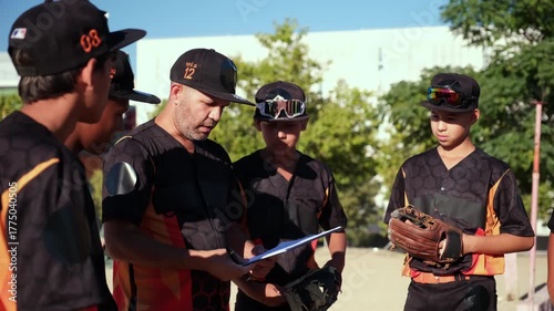 Male coach giving instructions and explaining game strategy to a youth baseball team on a sunny day