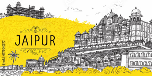 Jaipur India Skyline Drawing with Iconic Landmarks – Hawa Mahal, Amer Fort, City Palace, Jal Mahal | Minimalist Cultural Sketch for Rajasthan Tourism Prints