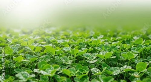 A field of green clover with water droplets on the leaves.