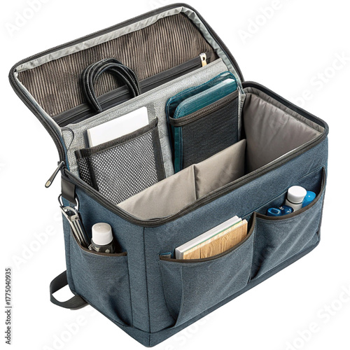 Organized modern blue fabric tote bag with multiple compartments for travel essentials, work supplies, and personal items