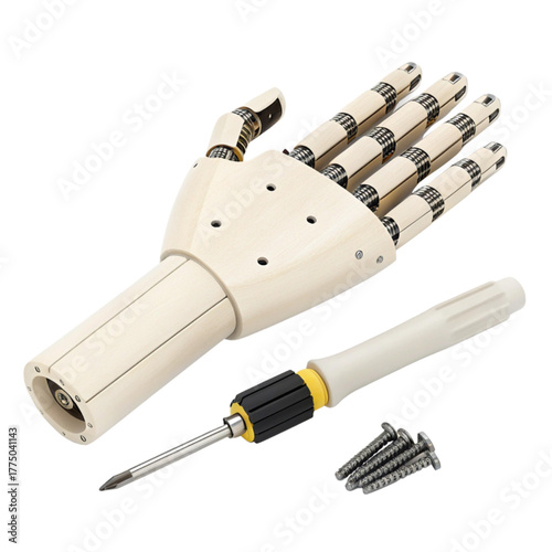 Innovative robotic hand prototype with tools and fasteners for advanced engineering and medical technology development
