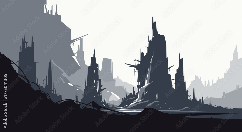 Naklejka premium Dilapidated futuristic city skyline with towering ruins under a bright, hazy sky.