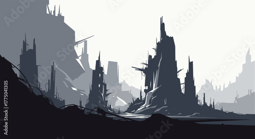 Dilapidated futuristic city skyline with towering ruins under a bright, hazy sky.