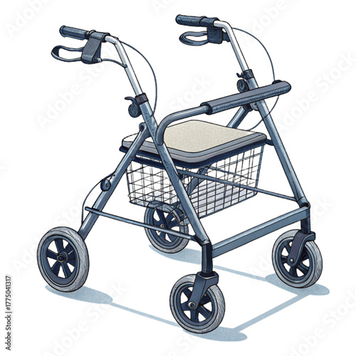 Modern four wheeled walker with seat and basket offering independence and mobility for seniors and those with mobility challenges