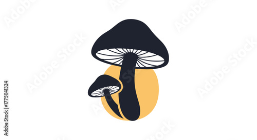 Two dark blue stylized mushrooms silhouetted against a yellow circle background.