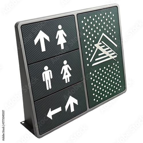 Modern directional signage with clear icons for restrooms and guidance, perfect for airports, malls, and public spaces seeking intuitive navigation.