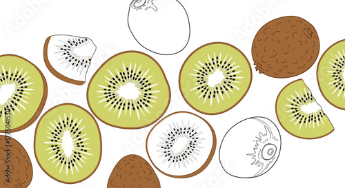 Collection of colorful and black and white kiwi fruit illustrations on a white background.