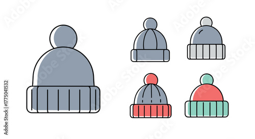 Set of flat vector illustrations of winter beanies with pom-poms in various colors.