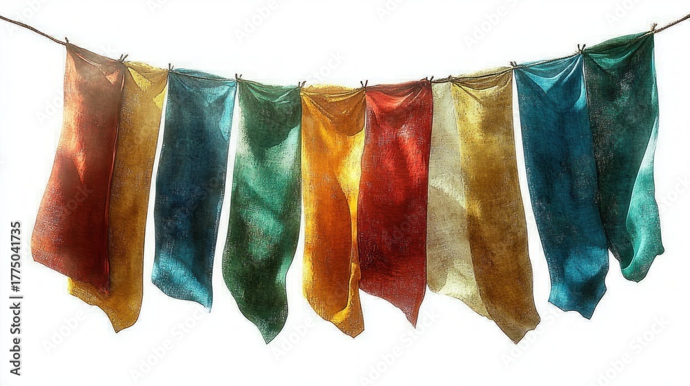 Naklejka premium Colorful worn flags hanging on a string against a bright white background, displaying vibrant shades of orange, yellow, blue, green, and red with tattered edges
