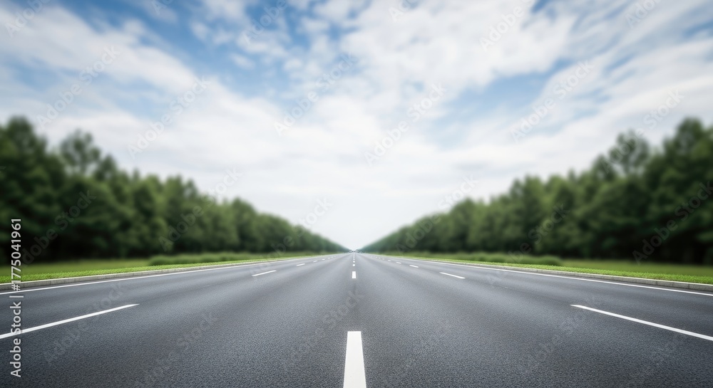 Fototapeta premium A long, straight road with white lines and trees on both sides.