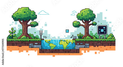 Pixel art of a surreal landscape with a waterfall flowing over the Earth and two pixelated trees.