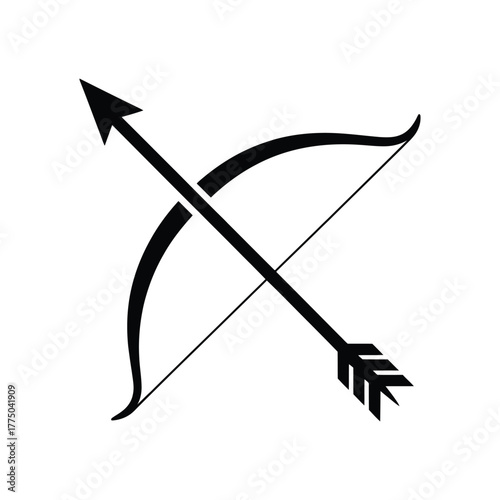 Bow and Arrow Icon: Black Silhouette Vector for Archery, Hunting, or Sagittarius
