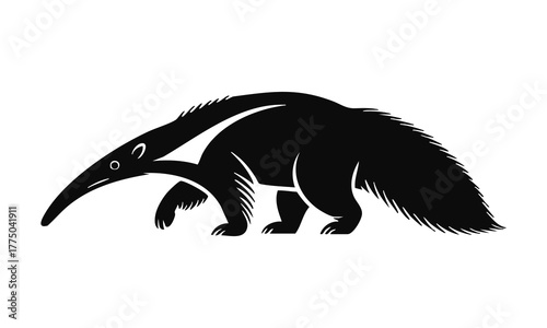 Giant Anteater Black Silhouette, Stylized Anteater Vector Illustration, Anteater Walking Profile Icon, Monochrome Anteater Graphic, silhouette, illustration, vector