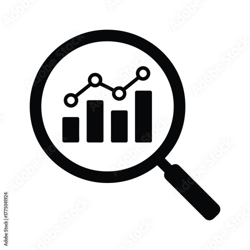 Data Analysis Icon: Magnifying Glass Analyzing Bar Chart for SEO and Business Growth Vector