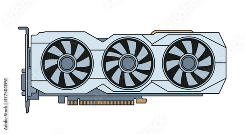 Illustration of a white graphics card with three cooling fans and gold accents.