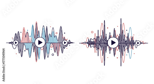 Two colorful sound wave visualizations with play buttons on a white background.