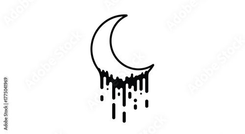 Crescent moon with dripping black paint effect, a minimalist graphic symbol.