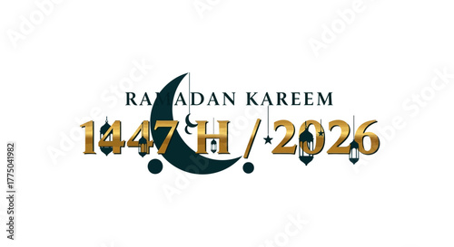 Graphic design of Ramadan Kareem with crescent moon and text on white background.