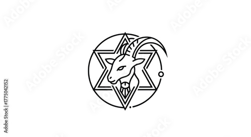Stylized black line drawing of a goat's head within a hexagram and circle, symbolizing Capricorn.