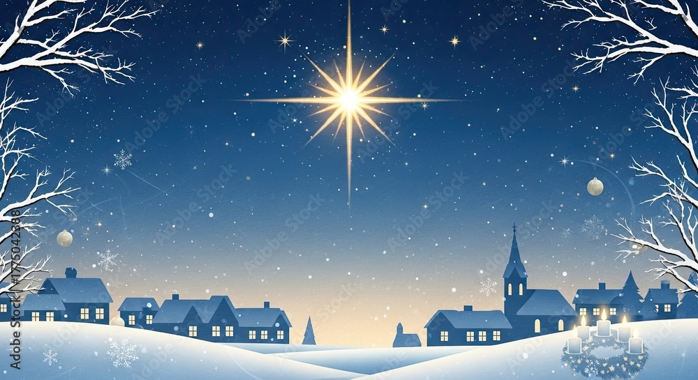 Naklejka premium A serene winter landscape with a star shining above a snow-covered village, featuring a church steeple and a snow-covered tree in the foreground.
