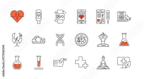 Line icons of medical and healthcare symbols on a white background with a clean and simple style.