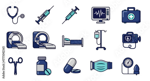 Collection of flat medical icons on white background including stethoscope, syringe, and mask.