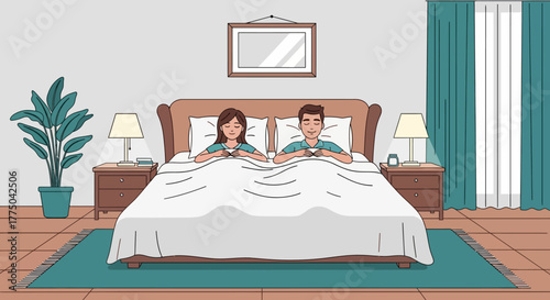 Illustration of a man and woman lying in bed with pillows, surrounded by a plant, lamps, and a framed picture on the wall in a cozy bedroom setting.