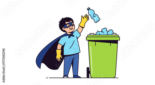 A cartoon boy wearing a superhero cape throwing a plastic bottle into a green recycling bin on a white background with a playful mood.