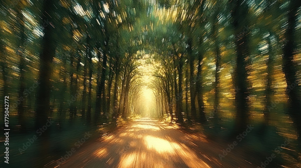Naklejka premium A sunlit forest pathway with tall green trees forming a natural tunnel and blurred motion effect creating a dynamic, dreamy atmosphere