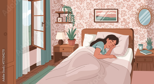 A young woman lies in bed sleeping peacefully in a cozy bedroom with a floral wallpaper and warm lighting.