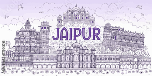 Jaipur Skyline Sketch with Hawa Mahal, Amer Fort, Jal Mahal, and City Palace | Cultural Rajasthan Line Art for Tourism, Travel Posters, Gifts, and Wall Decor