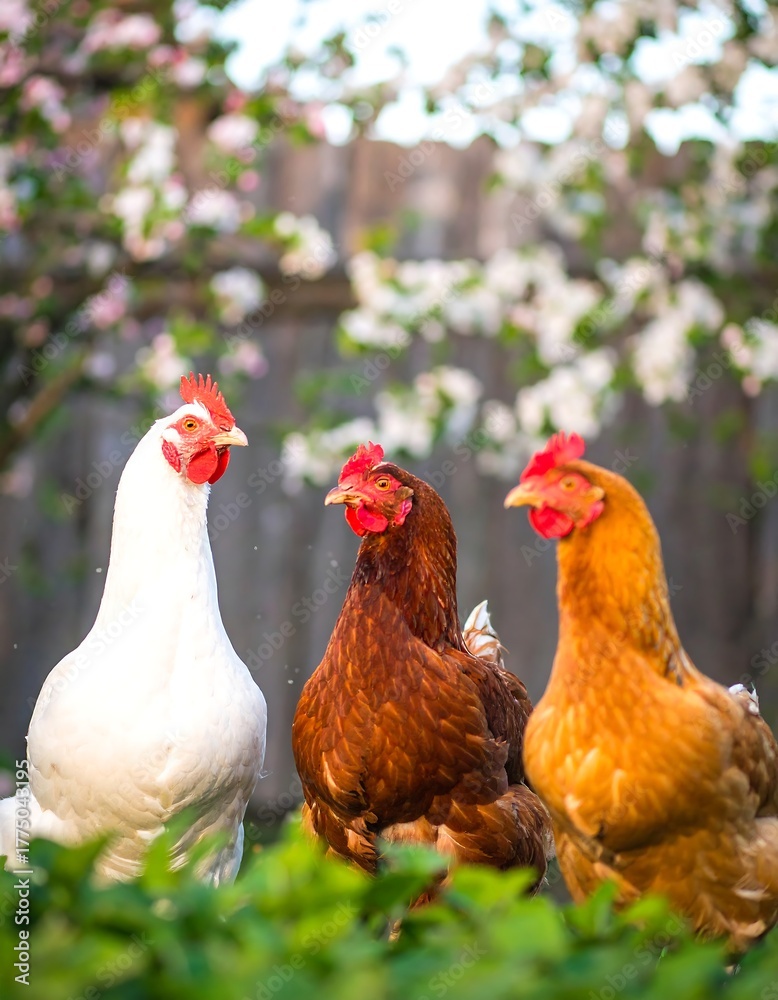 Fototapeta premium Three colorful hens in a blossoming spring garden