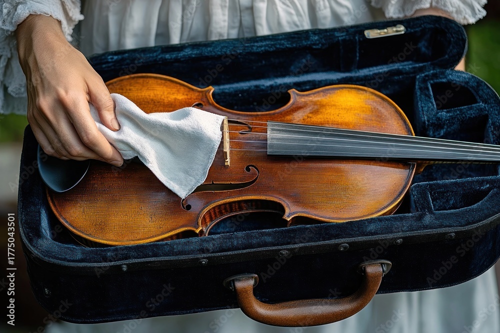 Obraz premium Person carefully cleaning a wooden violin resting in a black velvet-lined case with a white cloth, highlighting delicate care and preservation