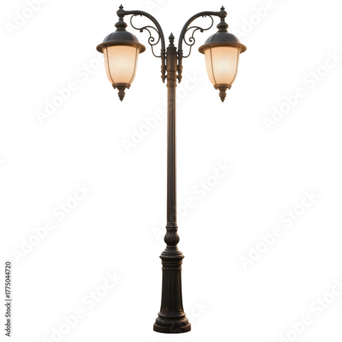 Vintage double-arm black street light with warm glowing lanterns, realistic 3D render, isolated on transparent background