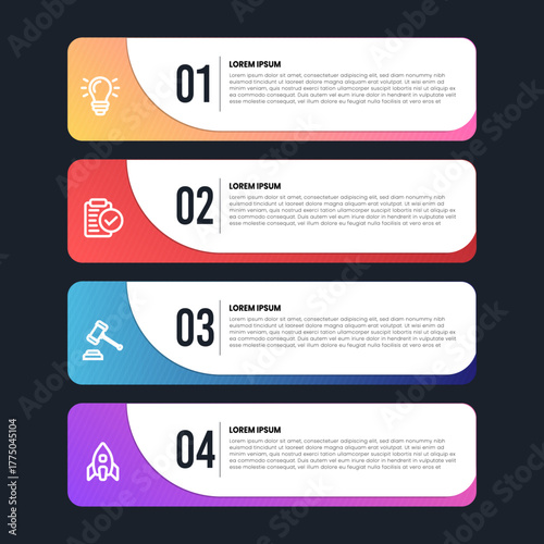 Four step vector infographic design template featuring sequential options, numbered process flow, and gradient colors.