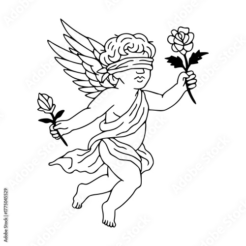 blindfold cherub with roses outline drawing