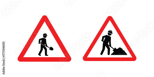 Two red triangular road signs depicting construction workers with shovels indicating road work ahead