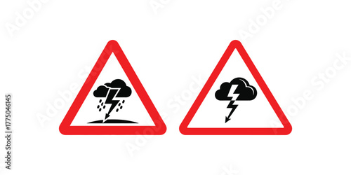 Two triangular warning signs depicting a storm with lightning and rain and a storm with lightning