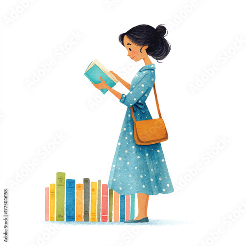 Woman in blue dress reading a book with a stack of books nearby.