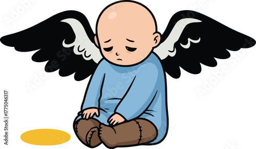 Sad baby angel with black wings holding corn vector