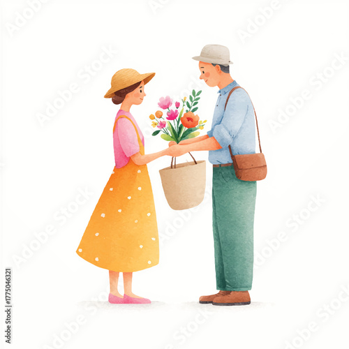 Woman gives flowers to elderly man, a heartwarming gesture of love.
