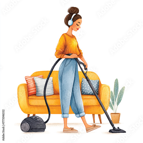Woman happily vacuuming living room floor wearing headphones.