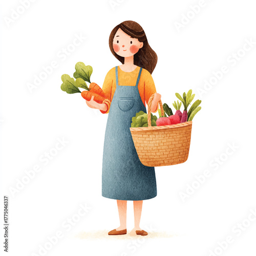 Woman holding fresh vegetables and a basket of produce.