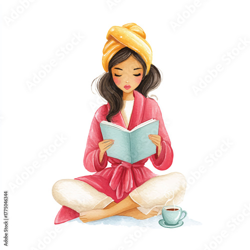 Woman in a bathrobe and towel reading a book with a cup of tea.