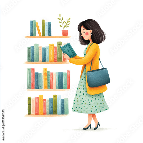 Woman in a yellow cardigan selects a book from a colorful bookshelf.